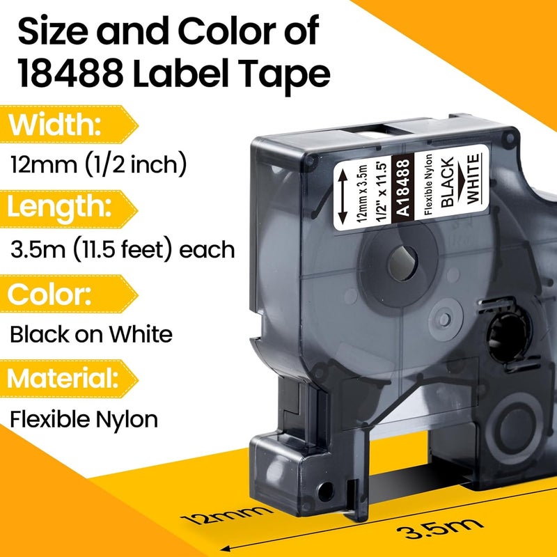 Pillex 6-Pack 18488 Replace for DYMO Rhino Industrial Flexible Nylon Label Tape A18488 Work with DYMO Rhino Pro 4200 5200 5000 6000 3000 Label Maker, 1/2 Inch x 11.5 Feet (12mm x 3.5m), Black on White - Image 2